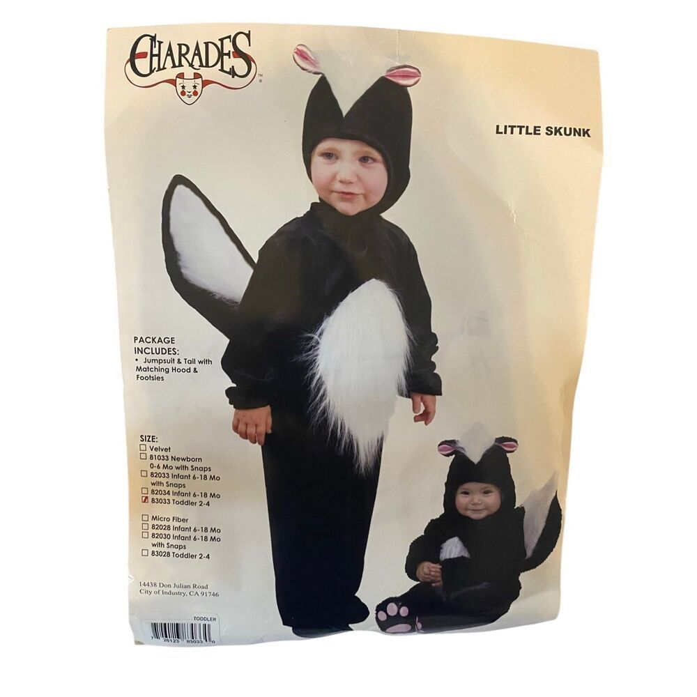 Charades Toddler 2-4 Little Skunk Jumpsuit & Tail With Matching Hood Footsies
